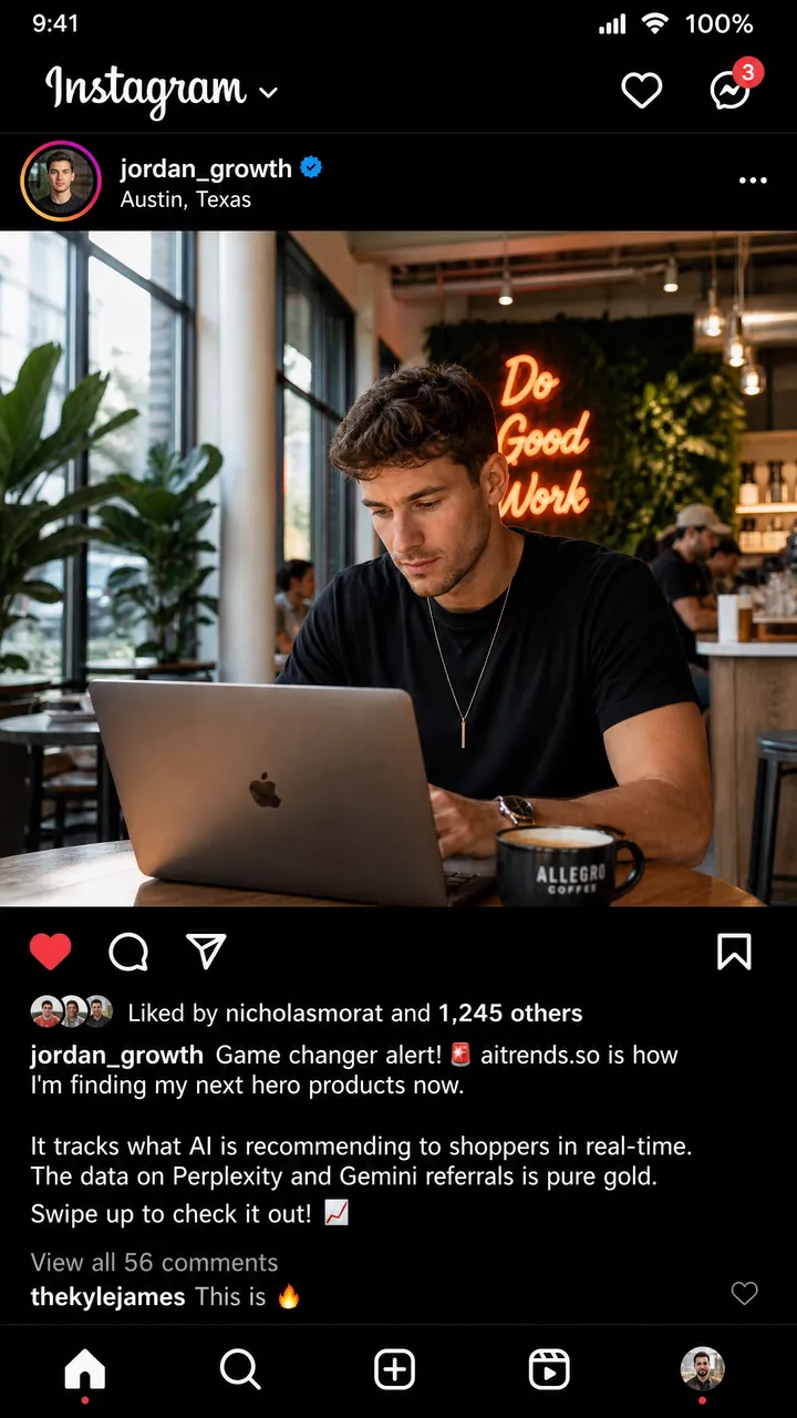 Illustrative example — an Instagram post about finding hero products with AI Trends